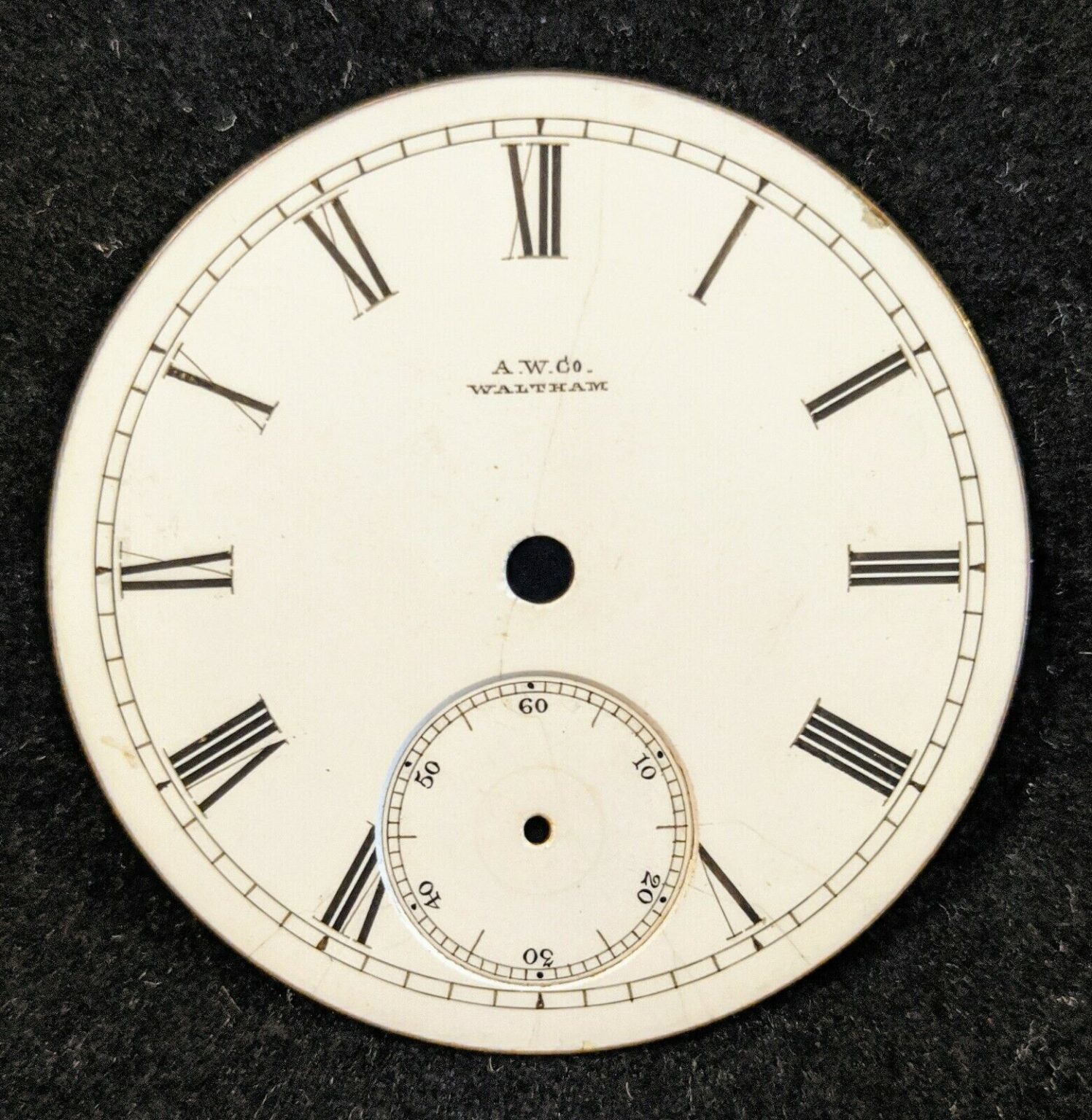 American Watch Co. Waltham 18s Porcelain Pocket Watch Dial Roman