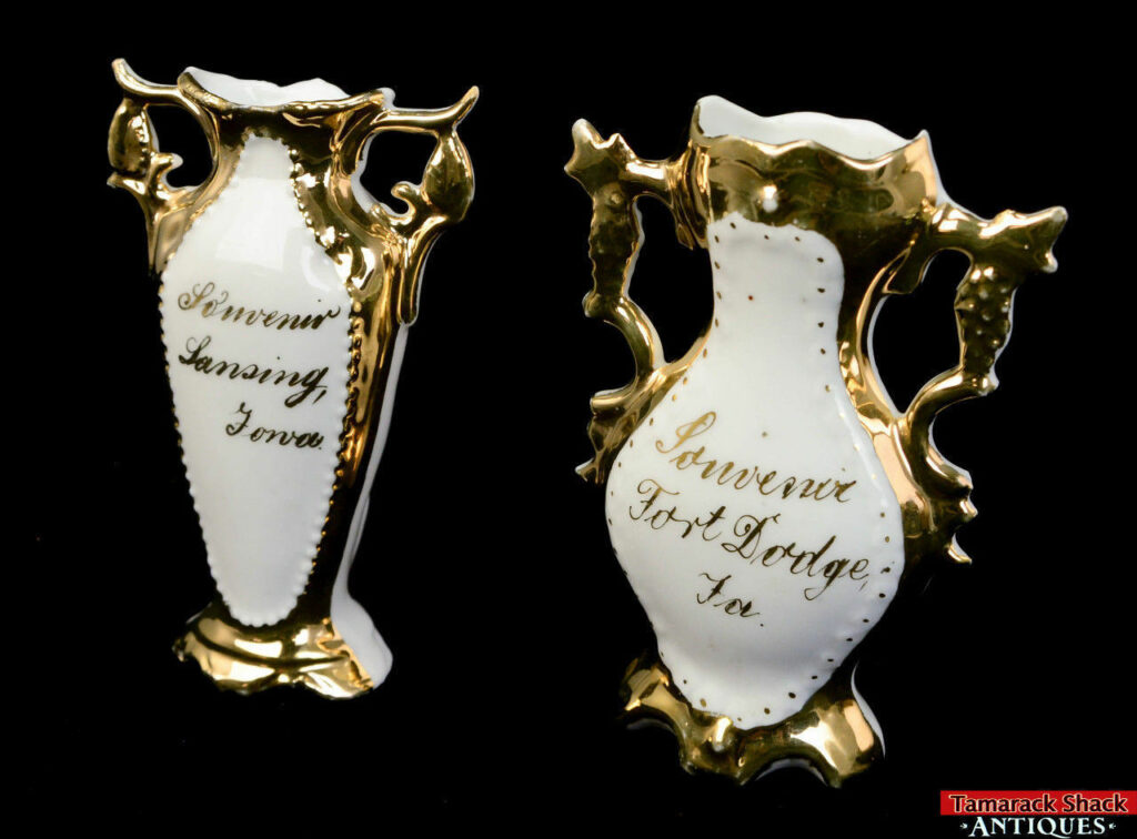 Antique 2pc Lansing Iowa Fort Dodge Iowa Gilded Ornate Souvenir