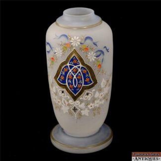 Opaque Frosted Glass Enameled Vase Orange & White Flowers Blue Symbol Pontil