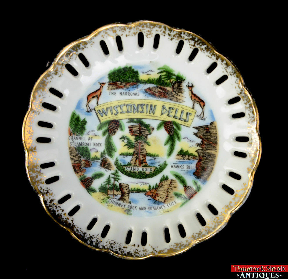 Pair Souvenir Wisconsin Dells Saucer Pedestal Plate Landmark Narrow