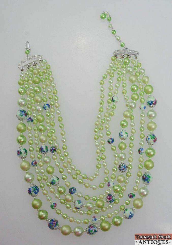 VTG 7 Strand Choker Style Necklace Green Painted Beads Signed Japan
