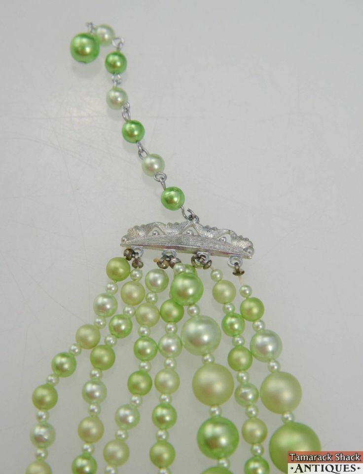 VTG 7 Strand Choker Style Necklace Green Painted Beads Signed Japan Hook Clasp - Image 6