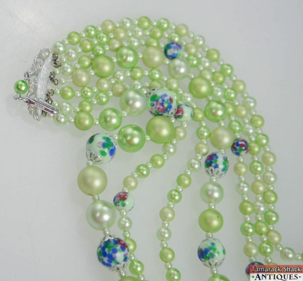 VTG 7 Strand Choker Style Necklace Green Painted Beads Signed Japan Hook Clasp - Image 8
