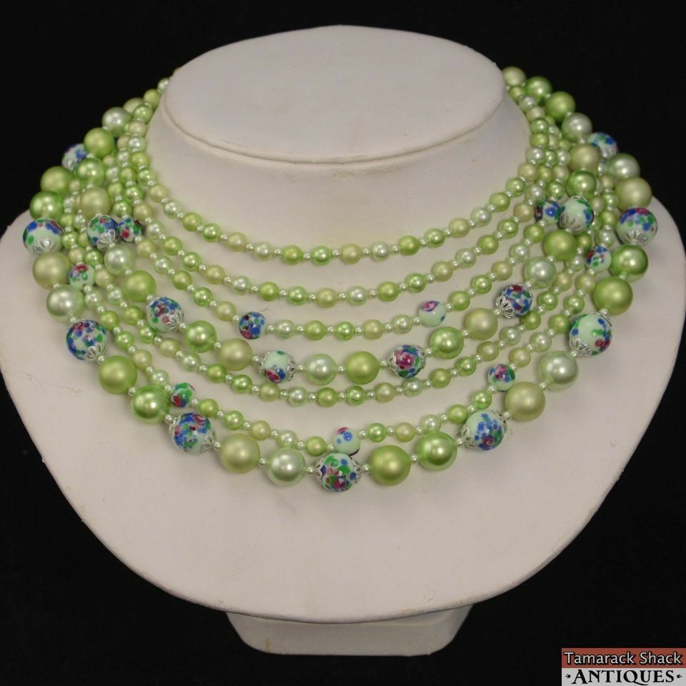 VTG 7 Strand Choker Style Necklace Green Painted Beads Signed Japan Hook Clasp