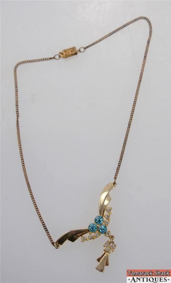 VTG Gold Toned Blue Clear Rhinestones Dangle Necklace 16 1/2" Filigree Clasp - Image 7