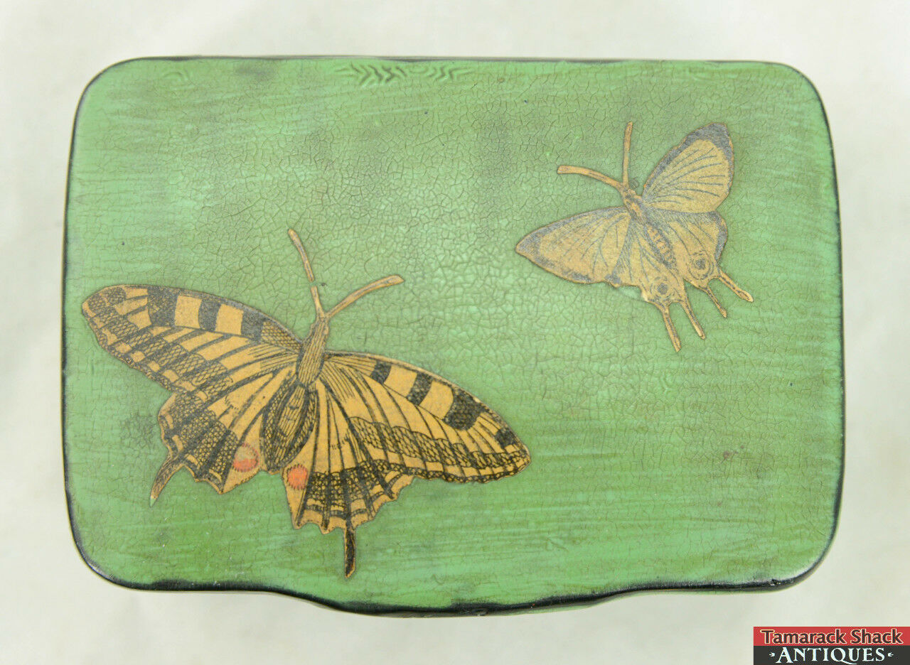 VTG Handpainted Green & Black Lacquer Swallowtail Butterfly Decoupage Wooden Box - Image 3