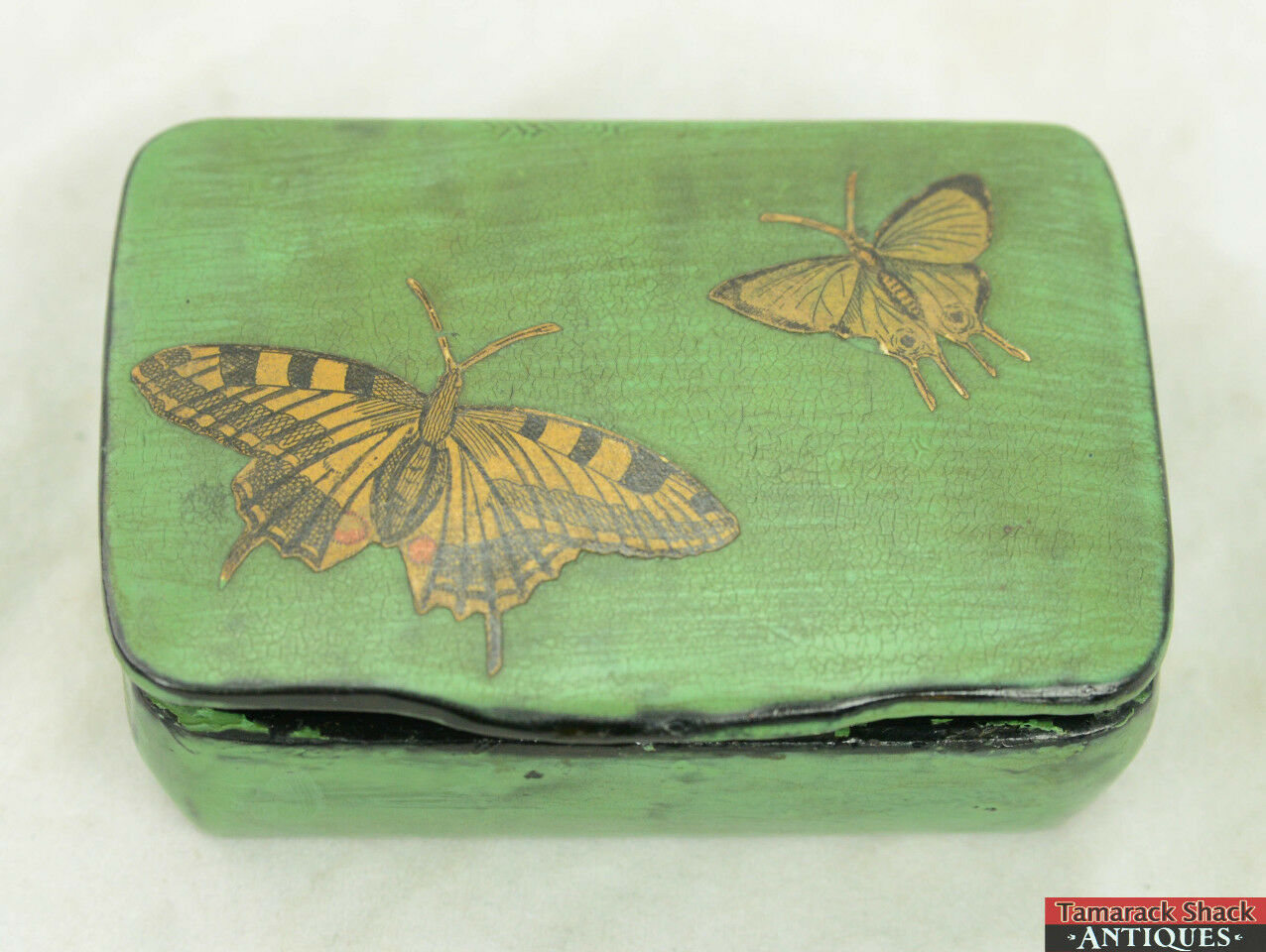 VTG Handpainted Green & Black Lacquer Swallowtail Butterfly Decoupage Wooden Box