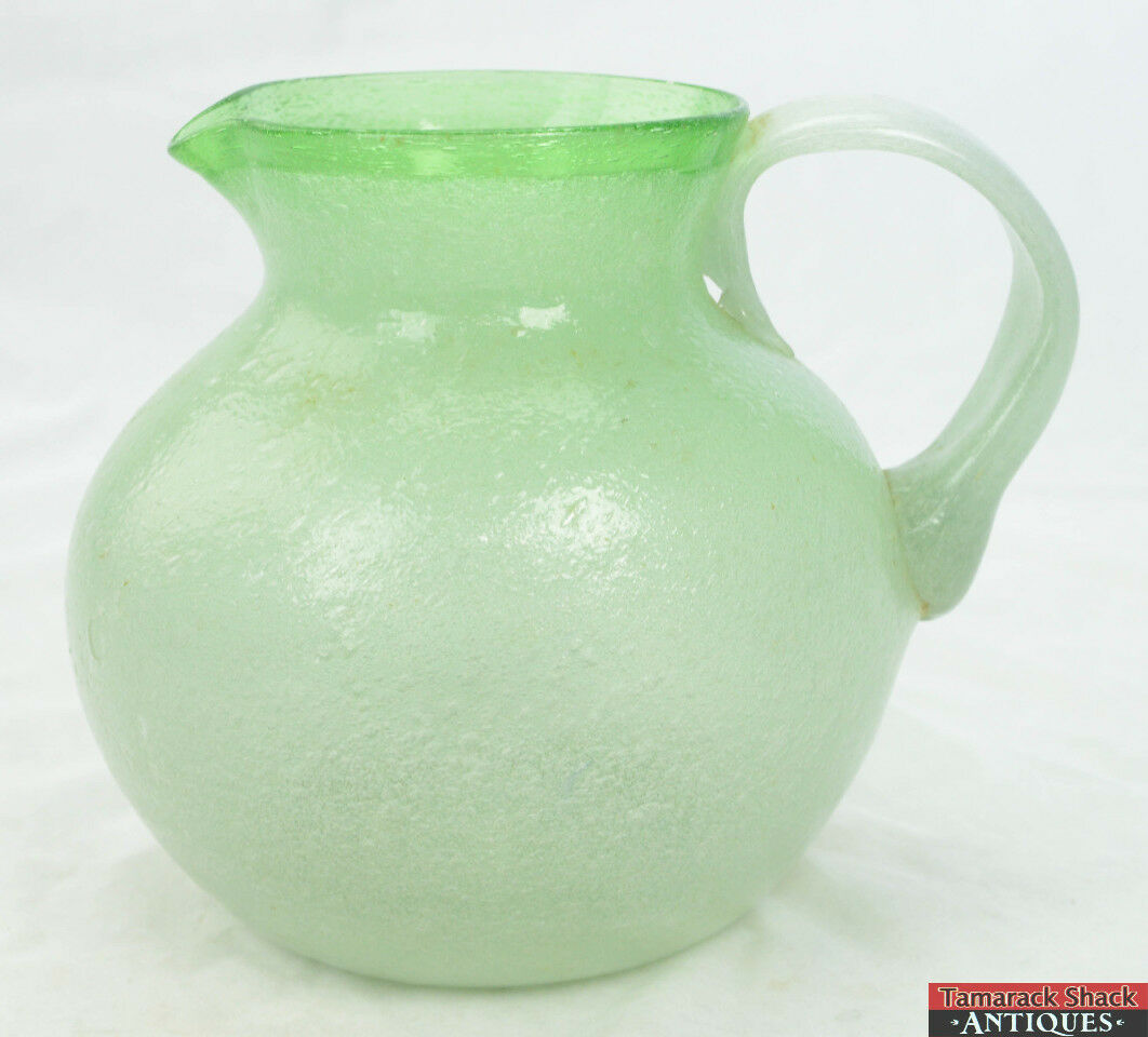 Vintage Light Green Blown Glass Bubble Textured Cased Pitcher Applied Handle - Image 3