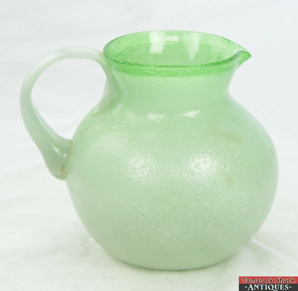 Vintage Light Green Blown Glass Bubble Textured Cased Pitcher Applied Handle
