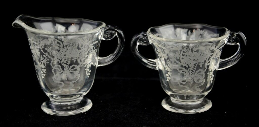 1935-59 Fostoria Corsage Clear Glass Creamer & Open Sugar Etching 325 Vintage - Image 7