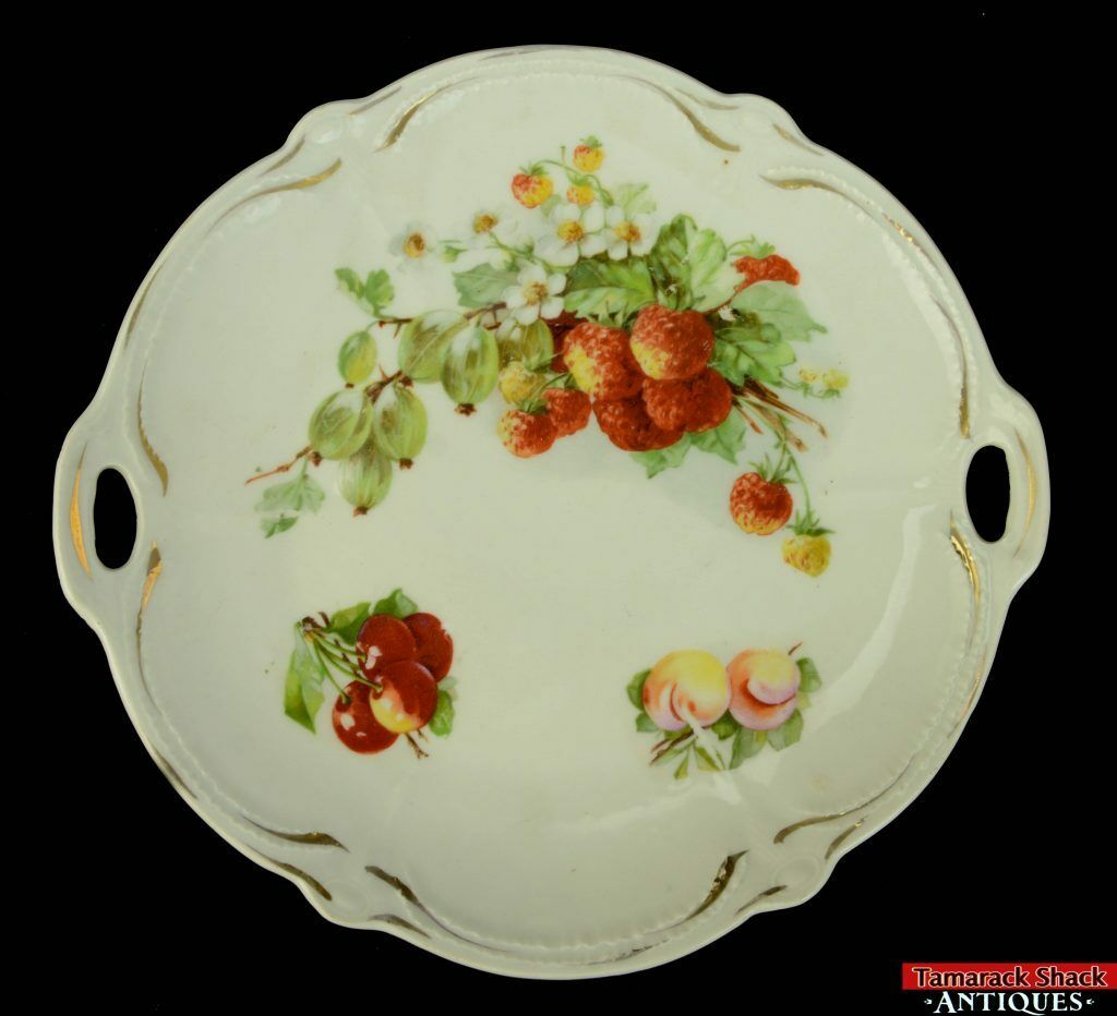 9-1/2″ Rare Baviaria Red Lion Mark Hand Painted Gold Gilt Handled Fruit Plate