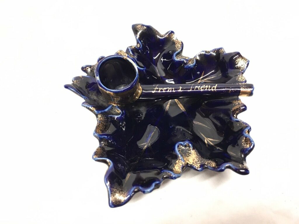 Antique German Gilded Pipe Ashtray Maple Leaf Motif ‘From a Friend