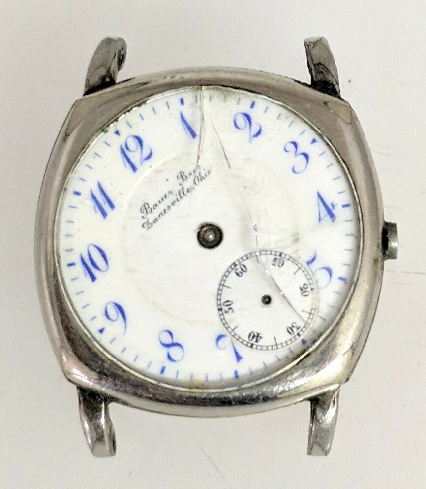 Bauer Bros TO Elgin Swiss Movement 15J Silver Delft Blue Wrist Watch For Parts