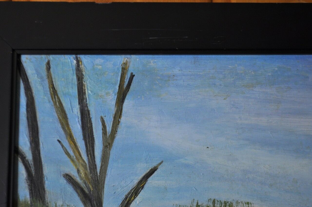 Trade River by R . Wikstrom 1964 Oil on Board Snow Melting Into River w/ Bridge - Image 7