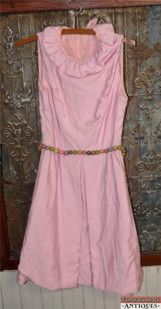 VTG Pink Sleeveless Linen Sateen Party Dress Sz 6 Ruffled Neckline Beaded Access