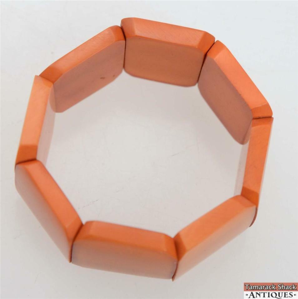 Vintage Chunky Thick Orange Butterscotch Stretch Link Celluloid Bracelet 2 1/2" - Image 3