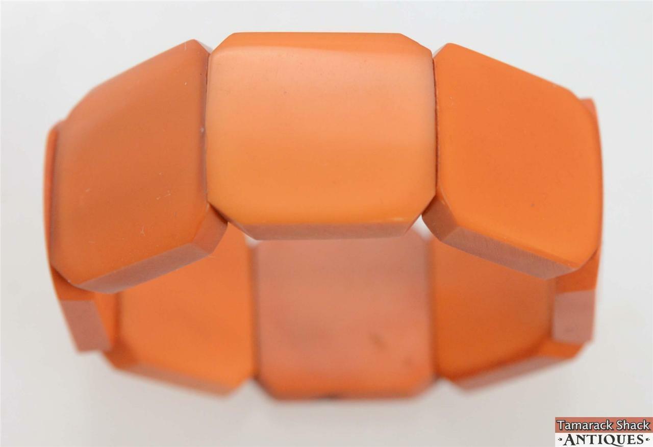 Vintage Chunky Thick Orange Butterscotch Stretch Link Celluloid Bracelet 2 1/2" - Image 4