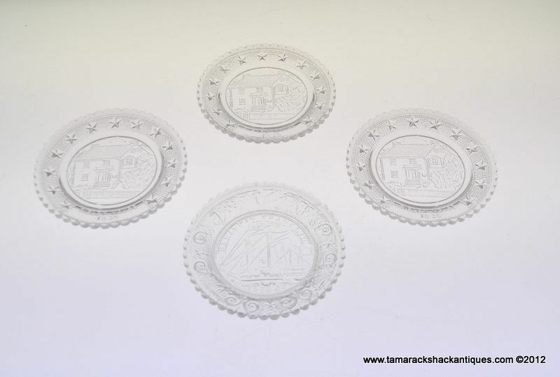 Lot of (4) EAPG Cup Plates Mini 3 1/2" Sibley House Benjamin Franklin Ship