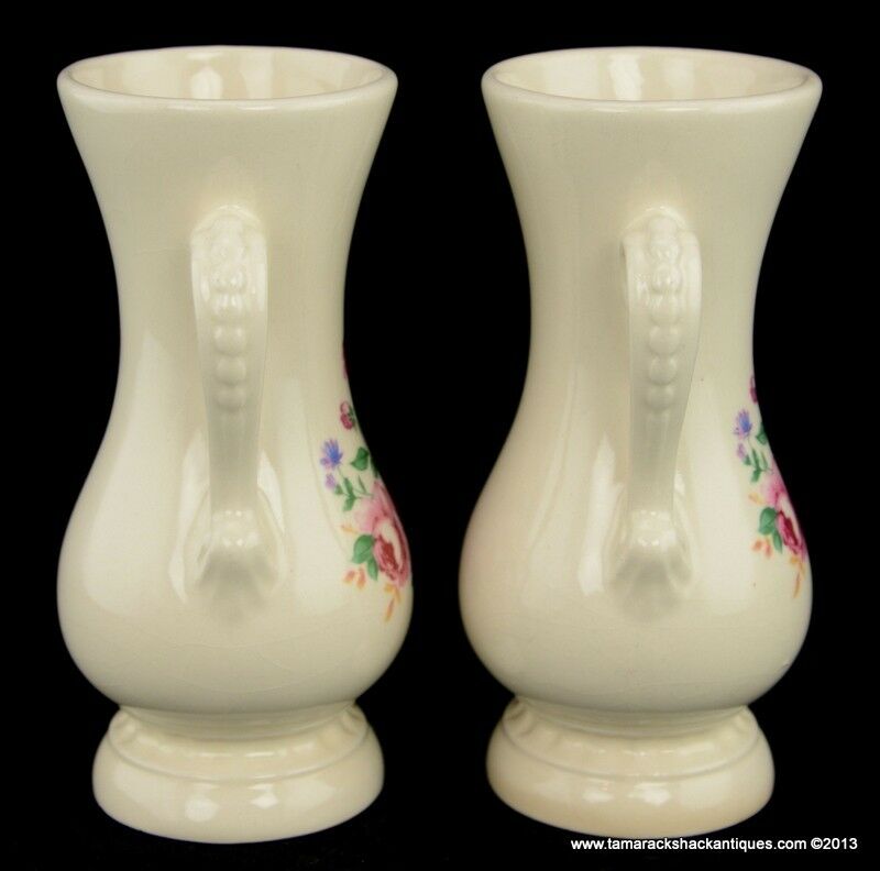 Pair of Double Handled Royal Copley Vases Cream Pink Blossoming Roses Vintage 6" - Image 5