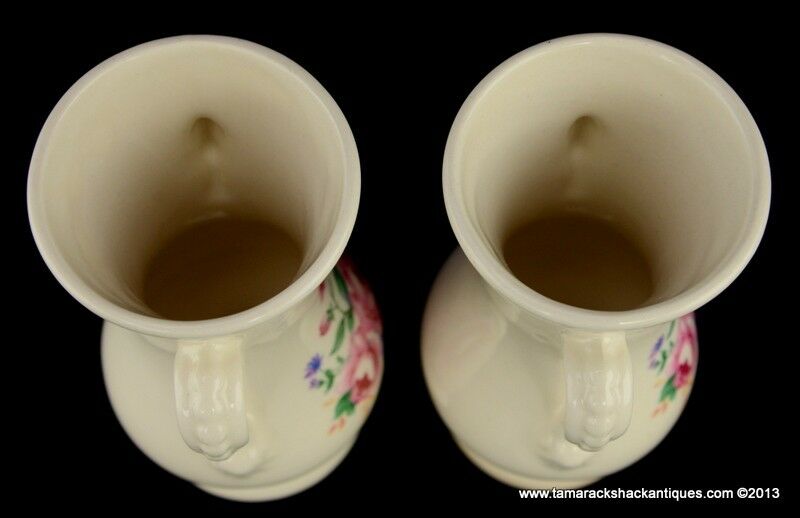 Pair of Double Handled Royal Copley Vases Cream Pink Blossoming Roses Vintage 6" - Image 6