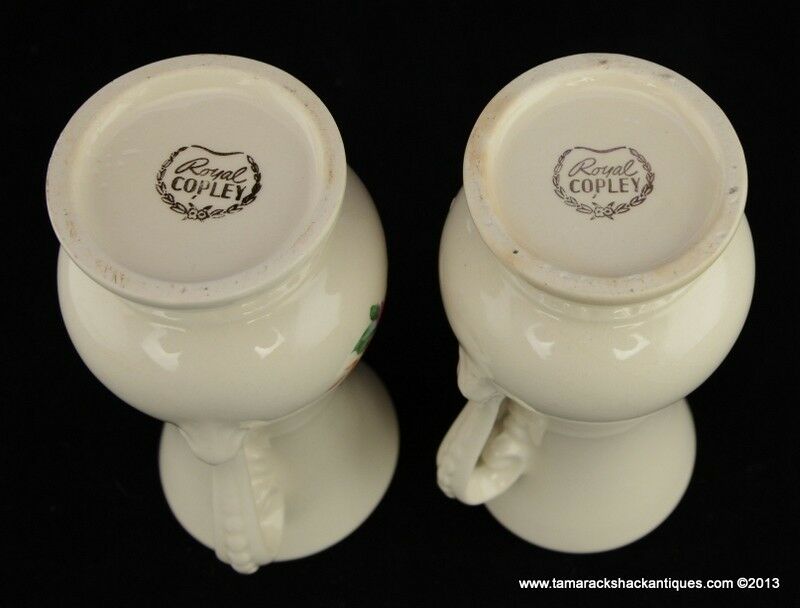 Pair of Double Handled Royal Copley Vases Cream Pink Blossoming Roses Vintage 6" - Image 7