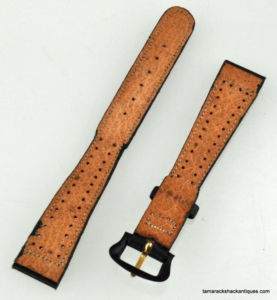 VTG 40s NOS Vented Black Leather Black Buckle 16mm Tapered Long Watch Band - Image 4