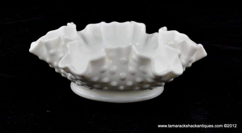 Fenton Art Glass Hobnail Trinket/Candy Handled Dish White Rim 
