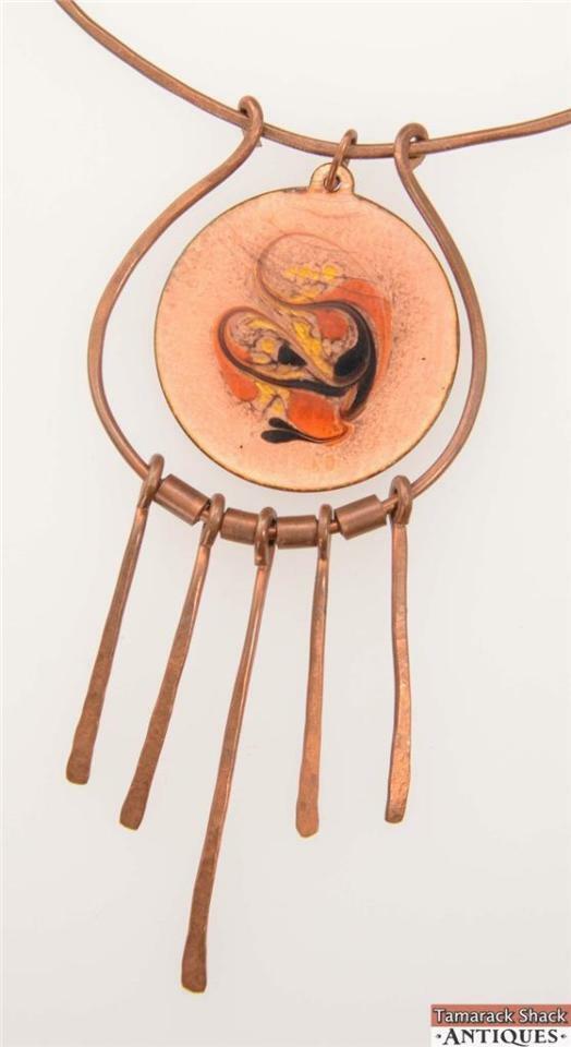 Vintage Hand Made Copper Star Burst Fringe Swirl Enamel Circle Round Pendant - Image 4