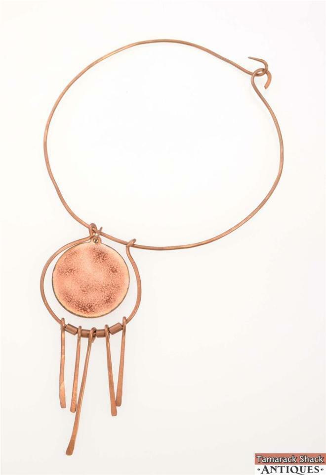 Vintage Hand Made Copper Star Burst Fringe Swirl Enamel Circle Round Pendant - Image 5