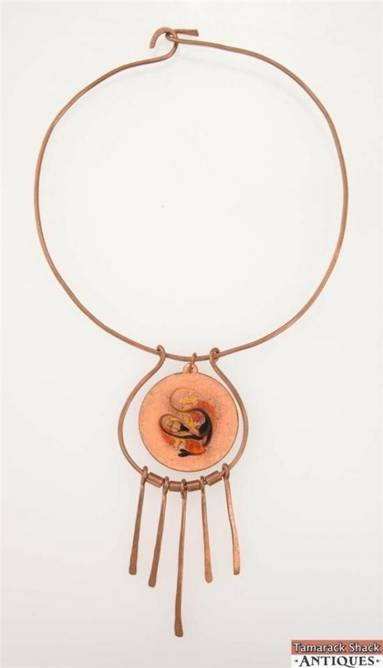 Vintage Hand Made Copper Star Burst Fringe Swirl Enamel Circle Round Pendant