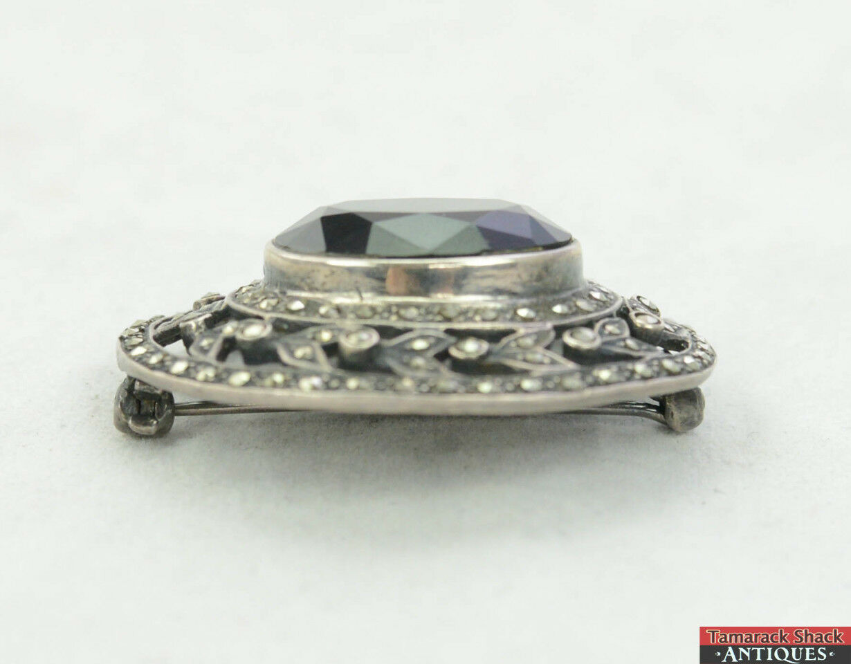925 Sterling Silver Vintage MOP Black Onyx Marcasite Gem Pram Pin Brooch
