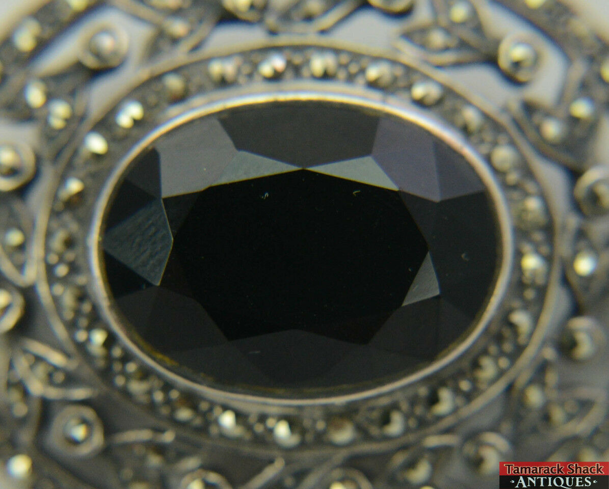 Vintage Sterling Silver .925 Black Onyx Marcasite Filigree Pin Brooch 1 5/8" - Image 8