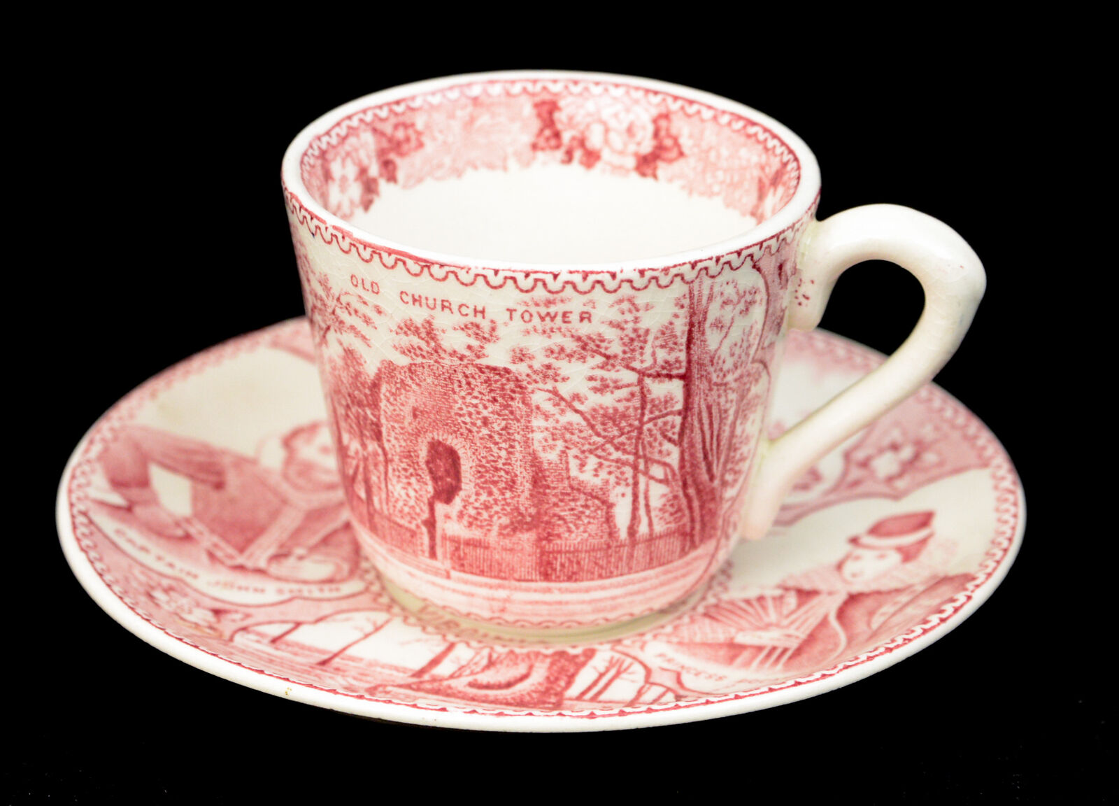 England c 1890 Early Victorian Red Transferware Tea Cup Saucer and Plate Trio 