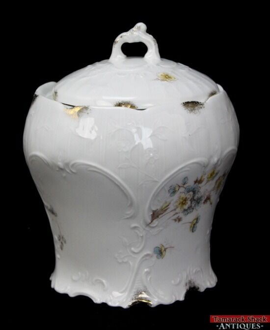 Antique Weimar Germany Scrolls Floral Embossed Gild Ivory Porcelain Biscuit Jar L5X - Image 4