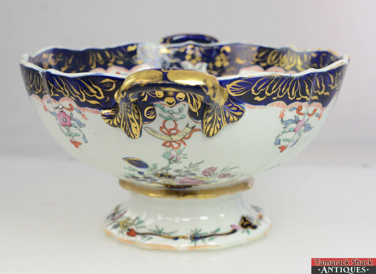 Antique Large Gaudy Welsh Handled Footed Gilded Cobalt Blue Imari Style Bowl T1X - Image 4