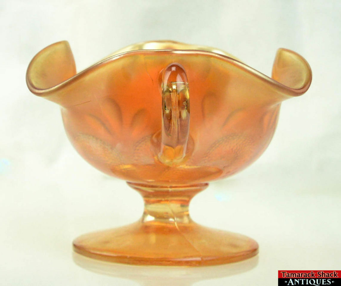 Dugan Carnival Glass Peach Iridescent Ruffled 2 Handled Footed Bon Bon Compote - Image 5