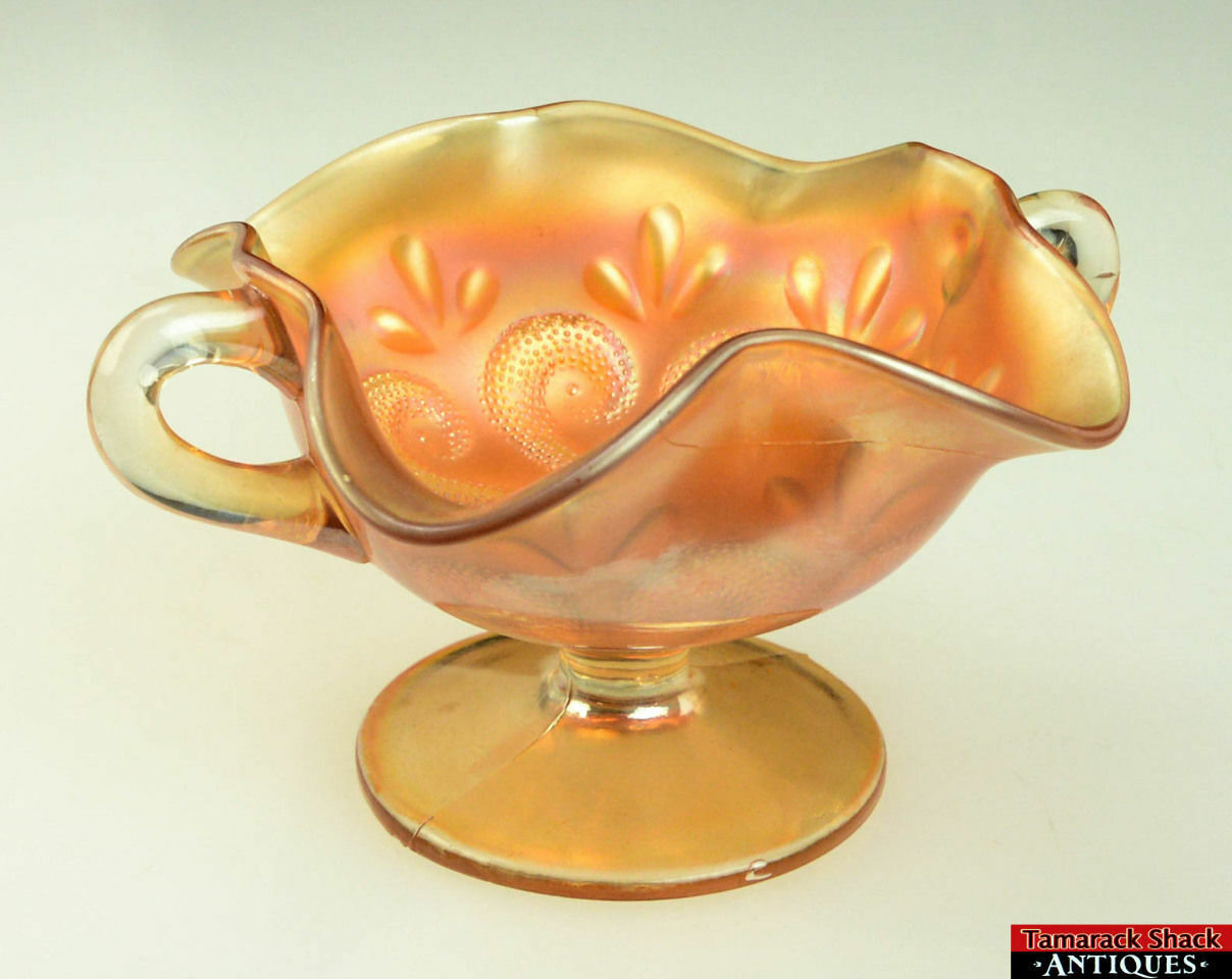 Dugan Carnival Glass Peach Iridescent Ruffled 2 Handled Footed Bon Bon Compote