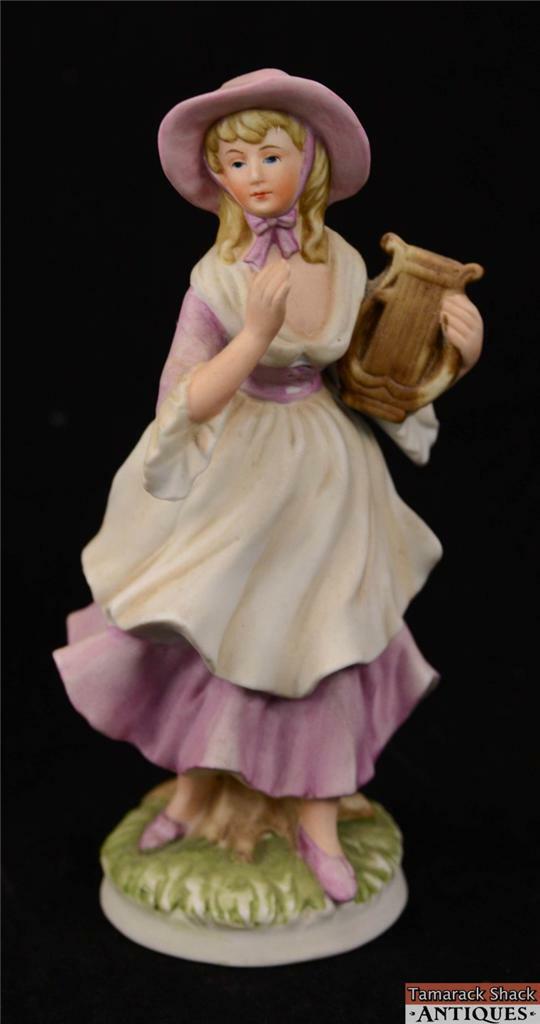 Lot of 3 Japanese Figurines Girl Milking Cow Lady w/Lyre Green Dress Lady VTG - Image 3