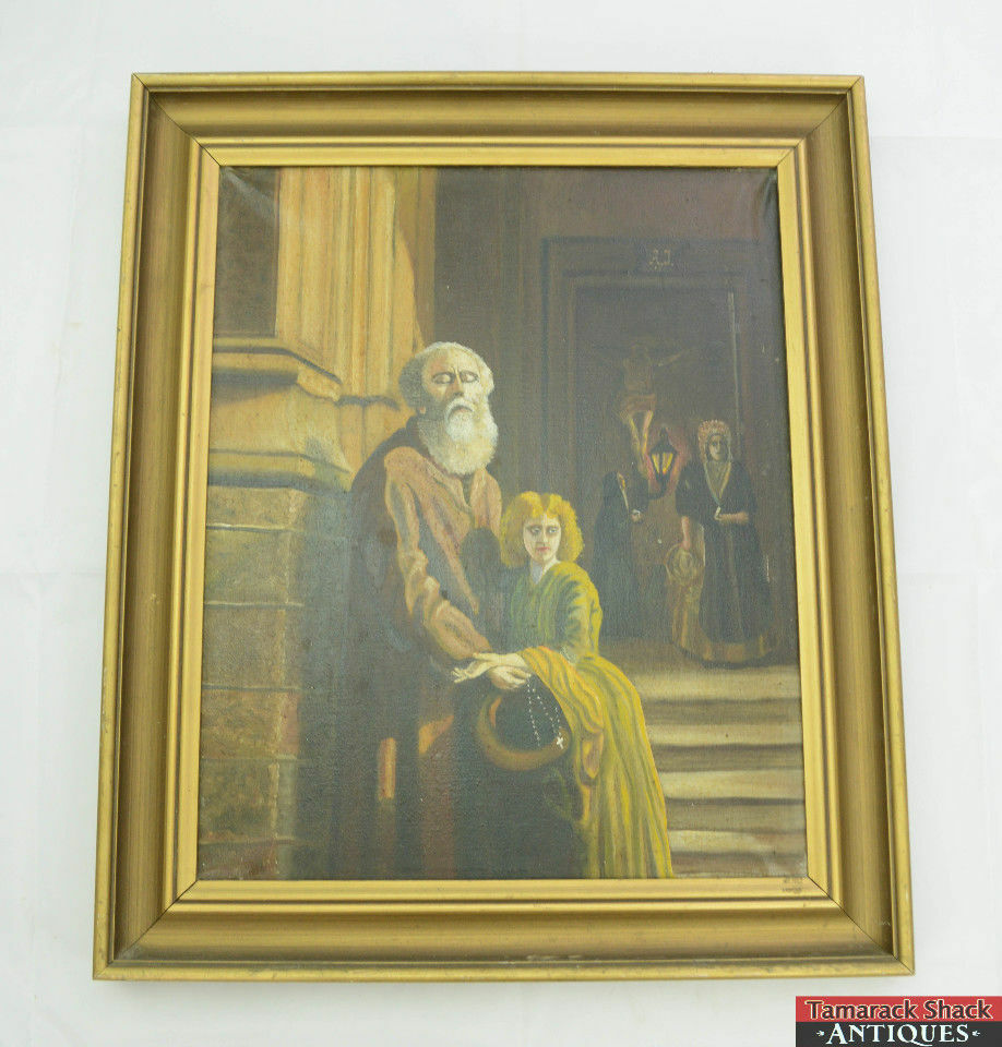 Original Oil Painting 1954 Date Blind Beggar Man Rosary Sick Child Church Signed