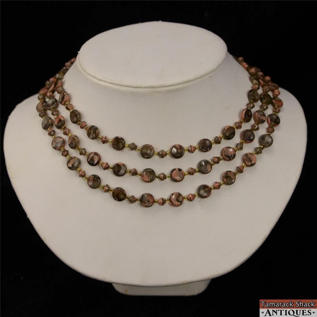 VTG 3 Strand Choker Style Necklace Marbleized Purple Brown Pink Beads
