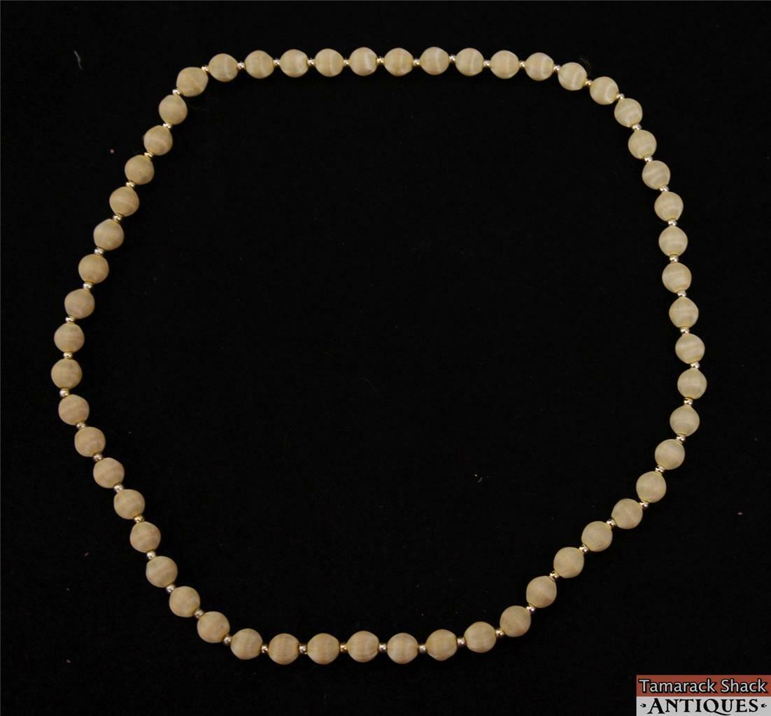 Vintage Egg Shell Off White Satin Ball Bead Endless Necklace 28" Long No Clasp