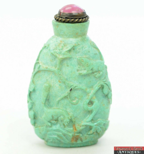 OLD CHINESE TURQUOISE HAND CARVED ANCIENT PEOPLE SNUFF BOTTLE 