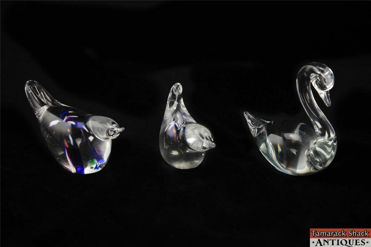 Lot of 3 Bird Art Glass Paperweights Clear Swan Two Burst of Color Blue Purple