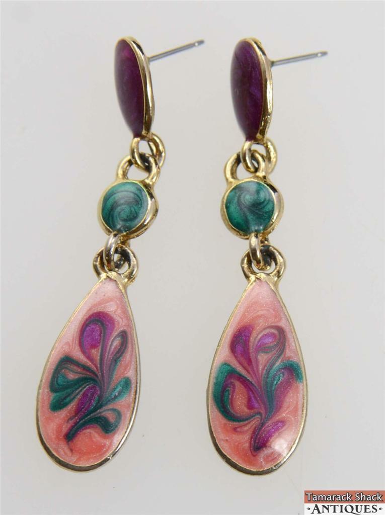 Pair of Gold Tone Enamel Swirl Dangle Pierced Post Fashion Earrings Made in USA - Image 4