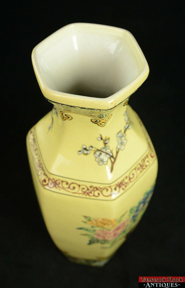 Tall Vtg Hexagon Handpainted Floral Scrolls Soft Mustard Color Pottery Vase L4X - Image 8