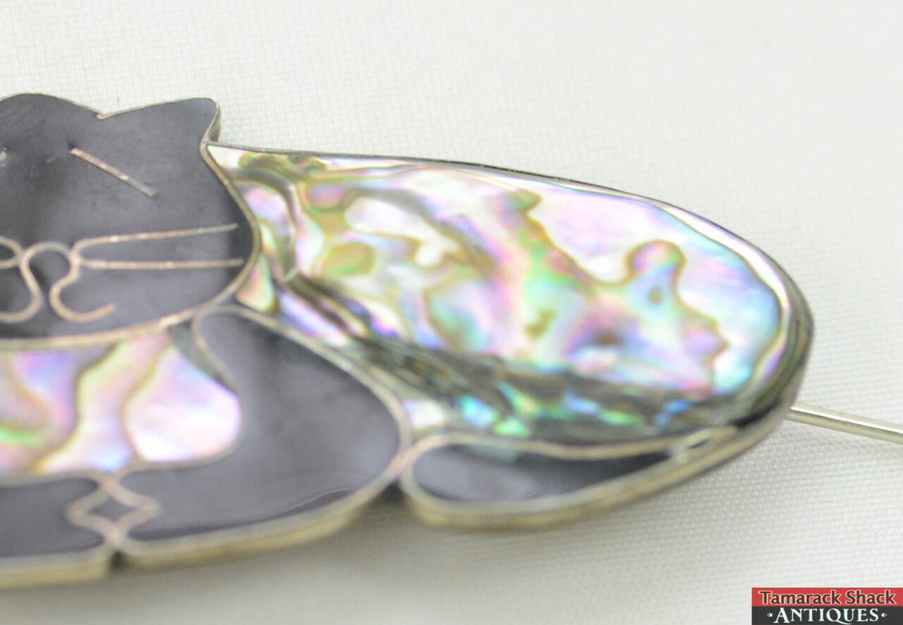 VTG Signed Taxco Mexico Abalone Black Enamel Sleeping Happy Cat Kitty Pin Brooch - Image 5