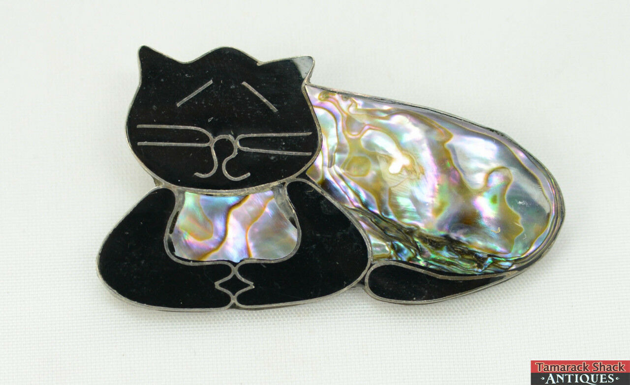 VTG Signed Taxco Mexico Abalone Black Enamel Sleeping Happy Cat Kitty Pin Brooch