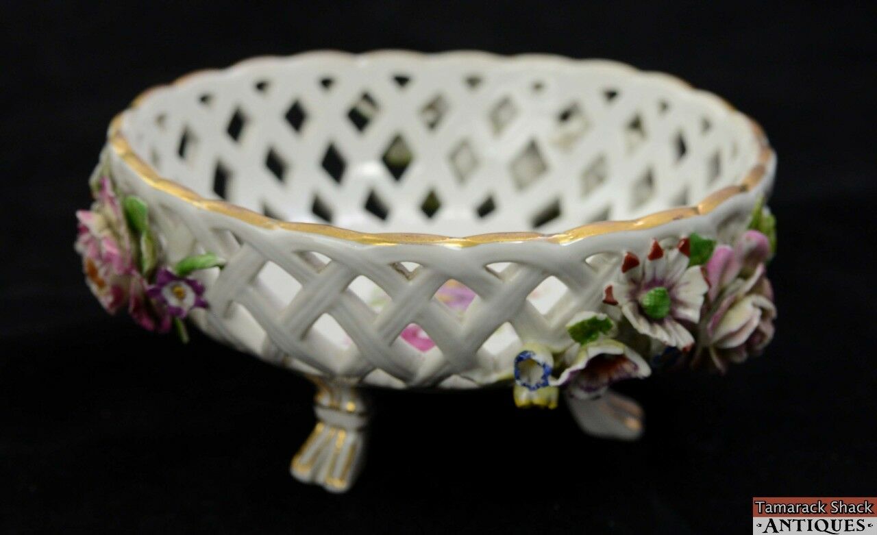 Vintage German Hand Painted Floral Purple Blue Yellow Green Three Footed Bowl