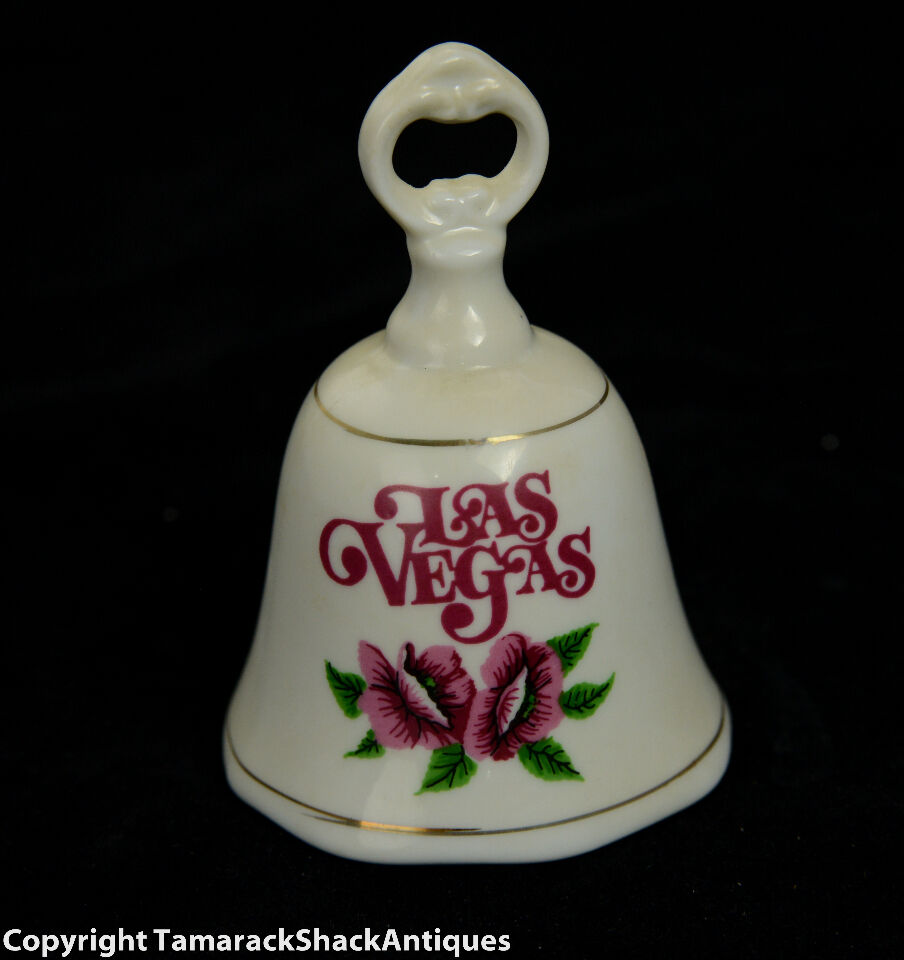 Vintage Las Vegas Collectible Bell Flowers White Thin Gold Stripes Handle