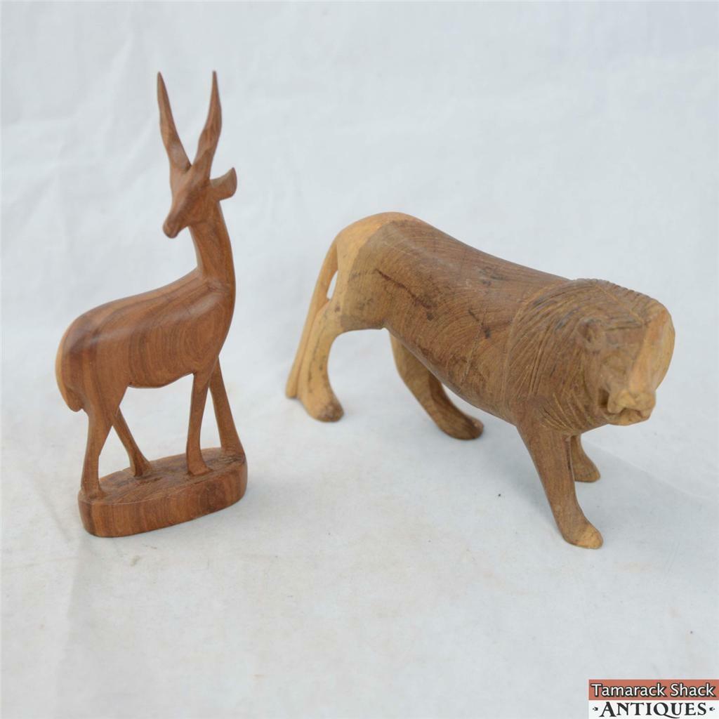 Vintage Wooden Carved African Prowling Lion & Antelope Kenyan Hard Wood Figurine